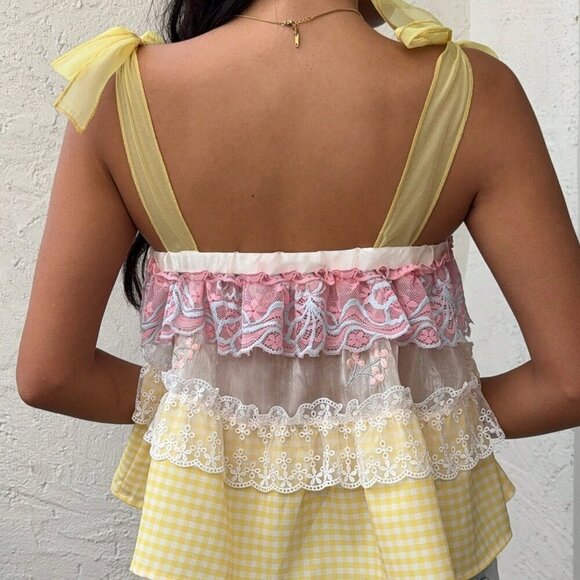 Boho Women's Vacation Plaid multi print Lace Splicing Camisole top - Picture 2 of 7